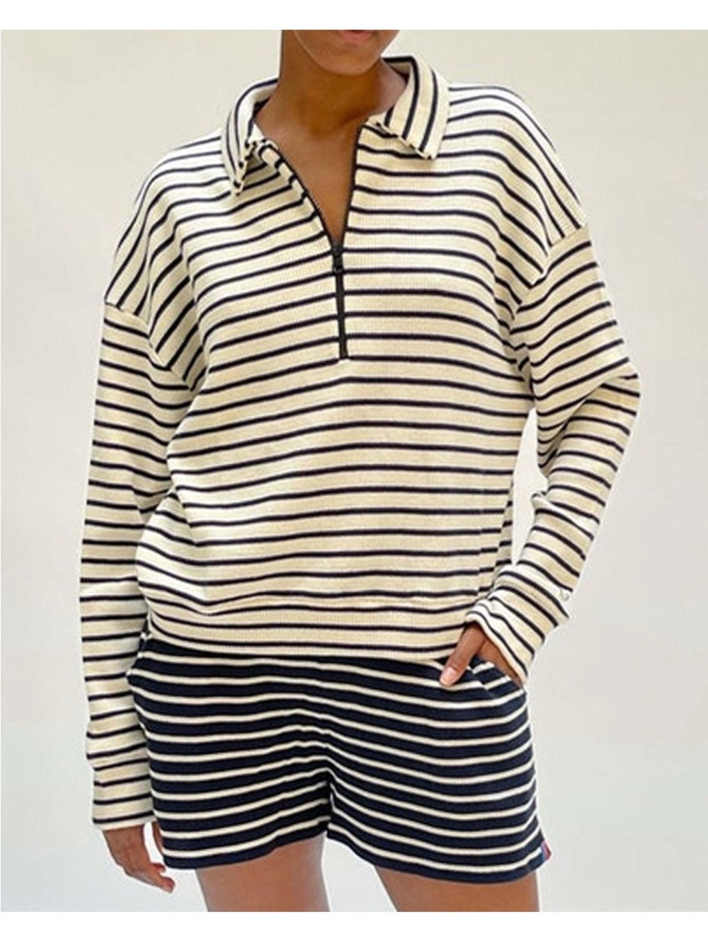 KULE The Rosewell Stripe Quarter Zip in Cream and Navy - small